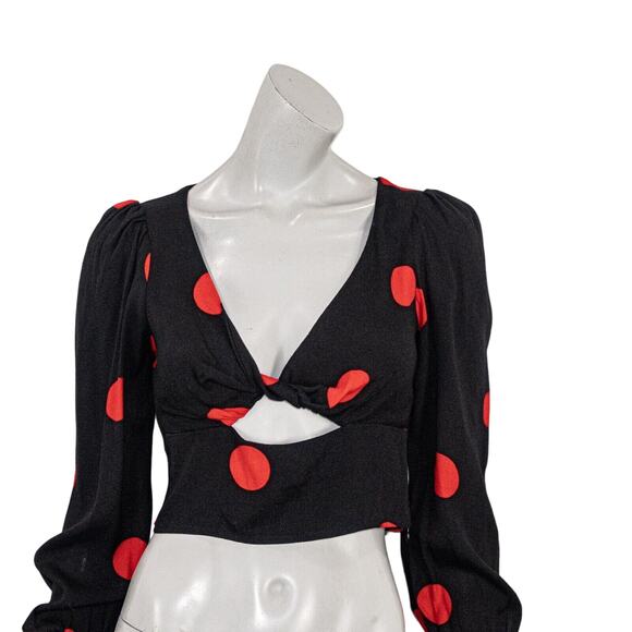 REFORMATION Women's Black Red Polka Dot Cropped Blouse Size 2 - Picture 8 of 9